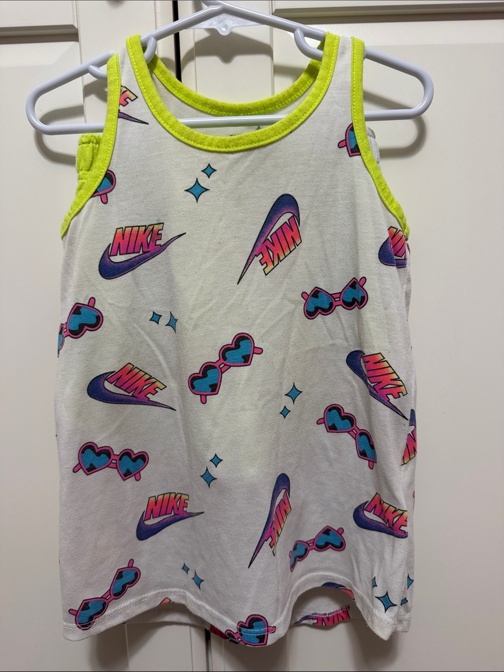Nike White Tank with Neon Yellow Trim and Pink/Blue Graphics
